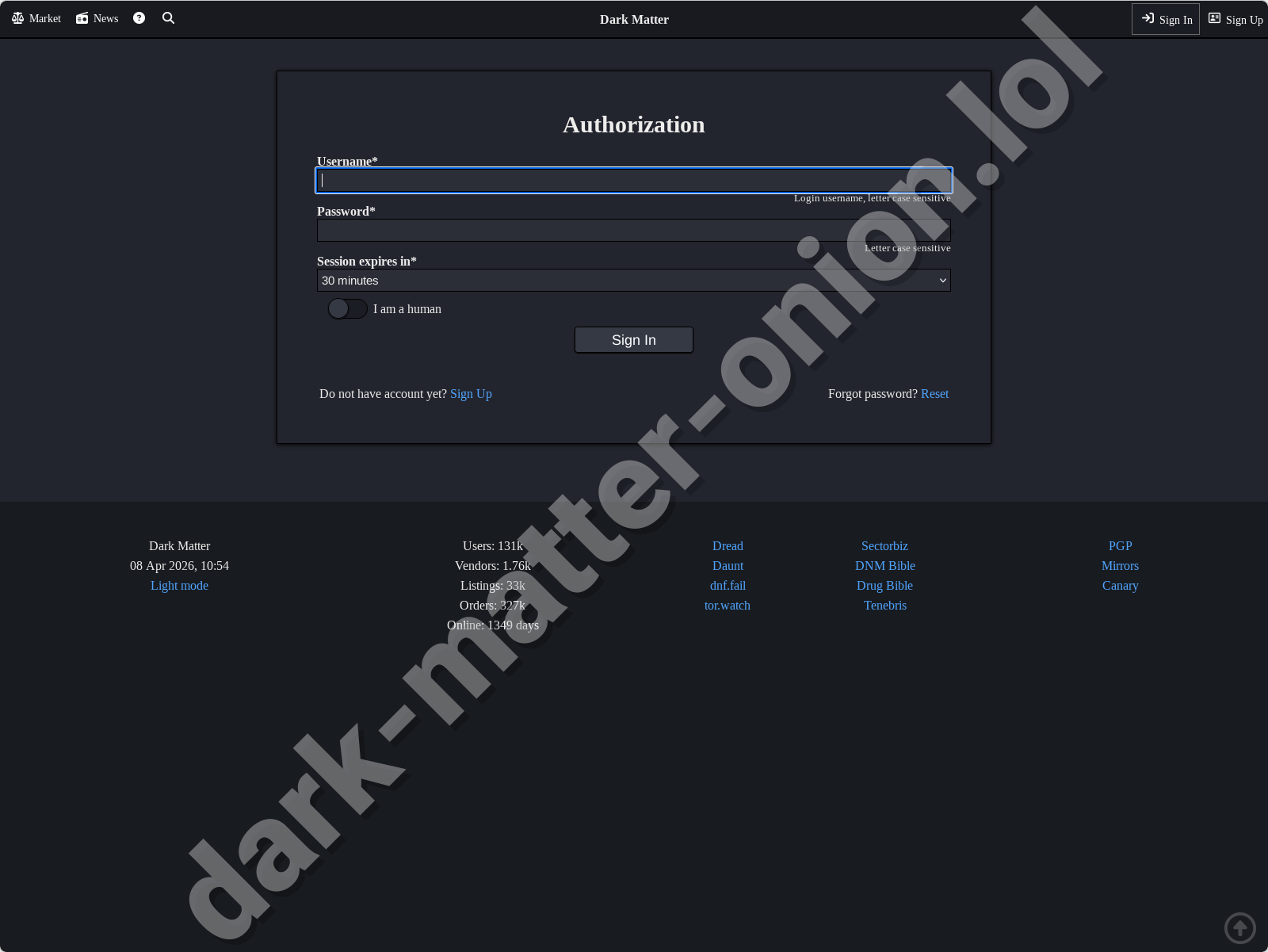 Dark Matter Market Login Form - Secure PGP Authentication for Dark Matter Darknet Market